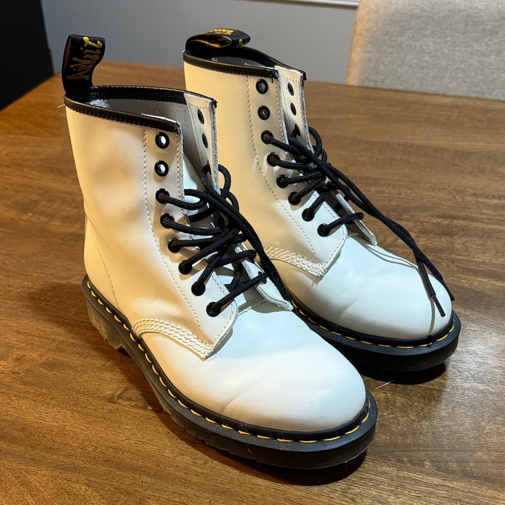 Dr. Martens White Leather Lace-Up Combat Boots with Black Trim